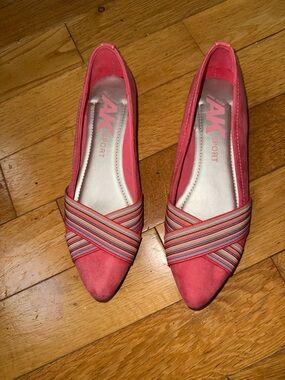 Anne Klein Coral Pink Pointed Ballet Flats with Multicolor Straps